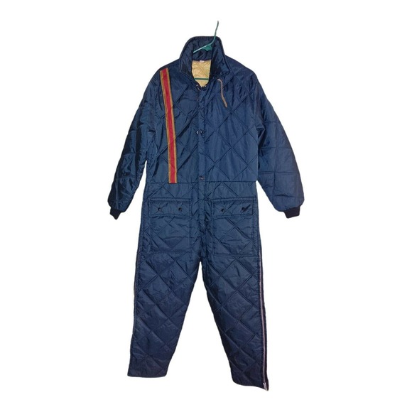 Vintage 70’s 80’s Snowmobile/Snow Suit Size L Skiing One-Piece Navy Red Stripe - Picture 1 of 4